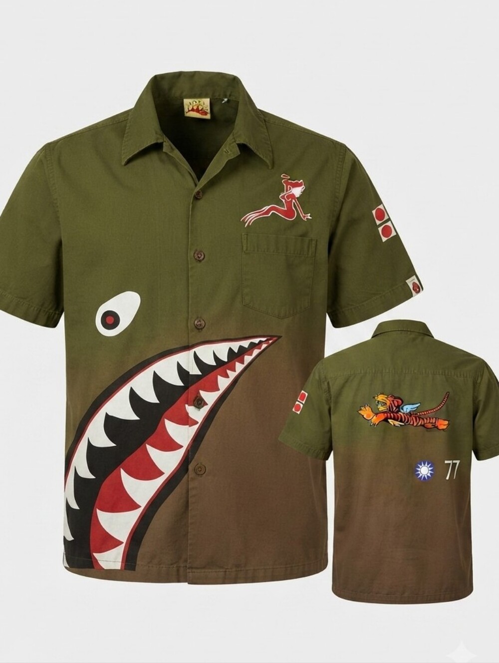 Max Boxxer Vintage Style Flying Tiger Shark Face Button Down Shirt Mens Size L